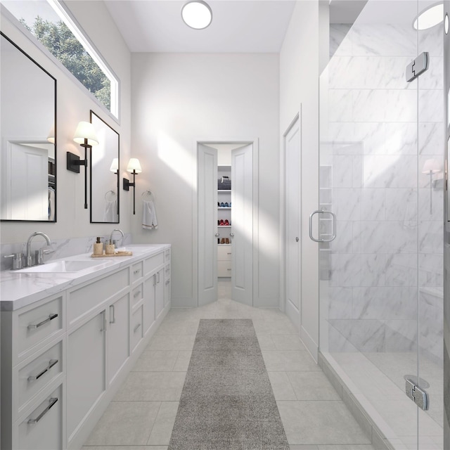 1002 E 25th St, Houston, TX 77009 - bathroom featuring double vanity, a shower stall, and a high ceiling