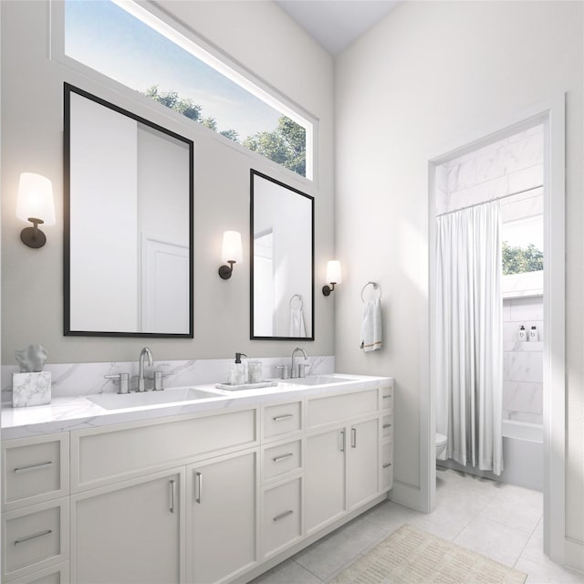 1002 E 25th St, Houston, TX 77009 - full bathroom featuring double vanity, shower / bath combo with shower curtain, and tile patterned floors