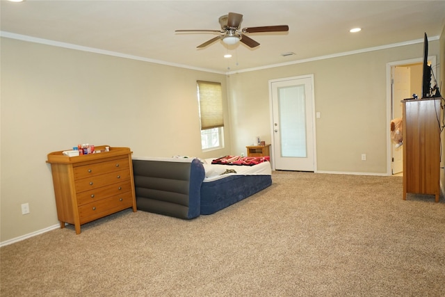 11822 Bandlon Dr, Houston, TX 77072 - bedroom featuring carpet floors, recessed lighting, crown molding, and ceiling fan