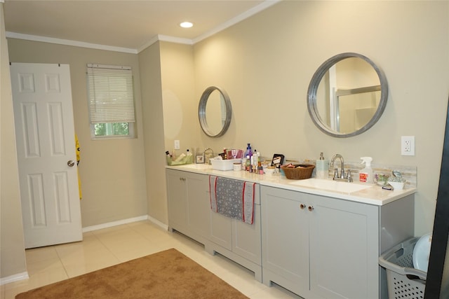 11822 Bandlon Dr, Houston, TX 77072 - full bathroom featuring double vanity, tile patterned floors, crown molding, and recessed lighting