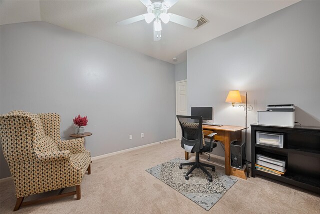 14311 Cally Cir, Needville, TX 77461 - home office featuring carpet flooring, a ceiling fan, and vaulted ceiling