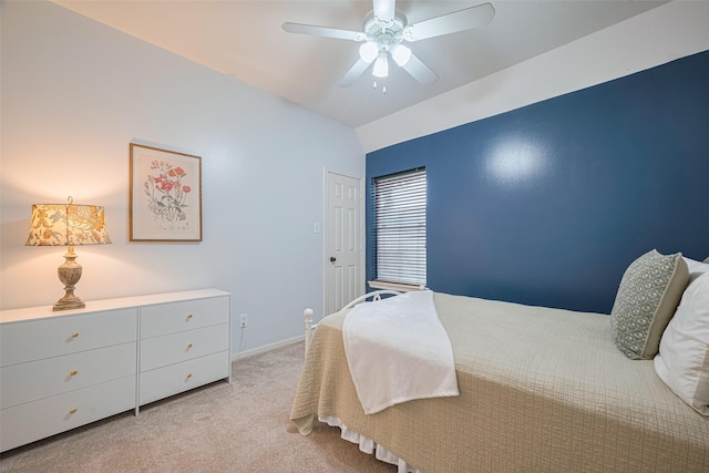 14311 Cally Cir, Needville, TX 77461 - bedroom with light carpet, vaulted ceiling, and a ceiling fan