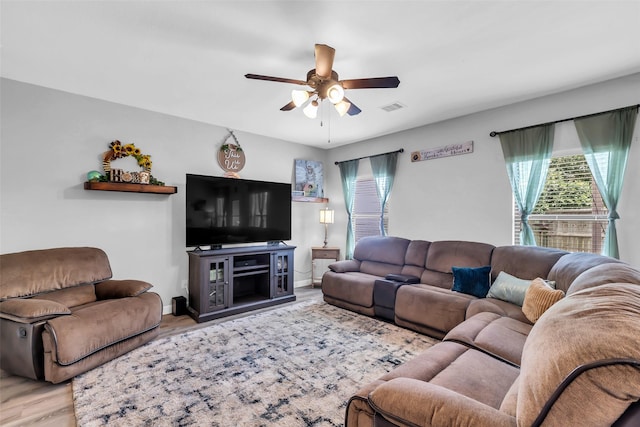 10211 Norway Spruce Ln, Tomball, TX 77375 - living room with a ceiling fan and wood finished floors