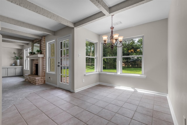 6415 Bayonne Dr, Spring, TX 77389 - unfurnished dining area with tile patterned floors, beam ceiling, a chandelier, a fireplace, and carpet flooring
