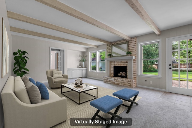 6415 Bayonne Dr, Spring, TX 77389 - carpeted living area featuring healthy amount of natural light, beam ceiling, and a fireplace