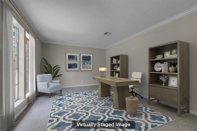 6415 Bayonne Dr, Spring, TX 77389 - carpeted home office featuring crown molding and baseboards