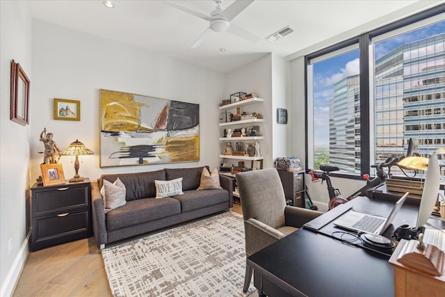 1409 Post Oak Blvd Unit 2204, Houston, TX 77056 - office area with light wood-style flooring, ceiling fan, and recessed lighting