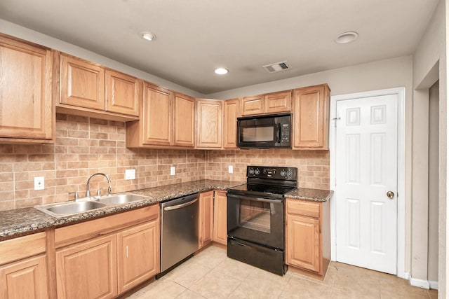3502 Quail Meadow Dr, Missouri City, TX 77459 - kitchen with black appliances, light brown cabinets, light tile patterned flooring, backsplash, and recessed lighting