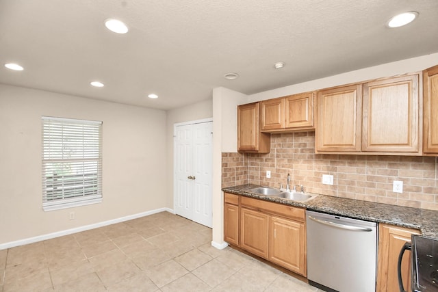 3502 Quail Meadow Dr, Missouri City, TX 77459 - kitchen featuring stainless steel dishwasher, decorative backsplash, recessed lighting, light tile patterned flooring, and range
