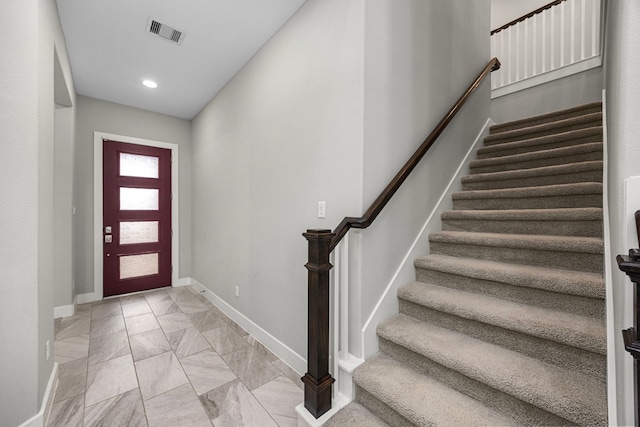 13207 Terania Cliff Trce, Houston, TX 77059 - foyer entrance featuring stairs, light marble finish flooring, and recessed lighting