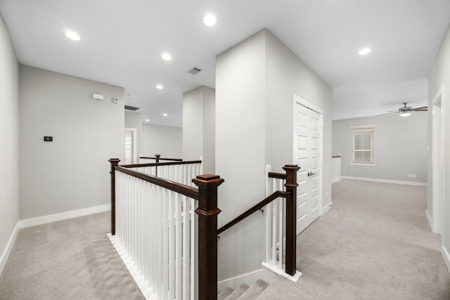 13207 Terania Cliff Trce, Houston, TX 77059 - hall with an upstairs landing, carpet flooring, and recessed lighting