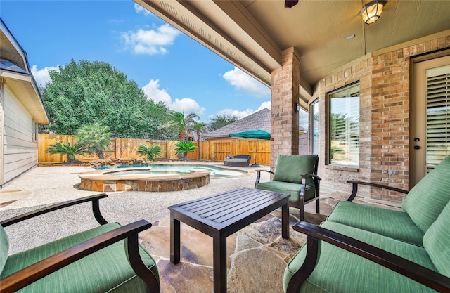 5714 Spring River Ln, Fulshear, TX 77441 - fenced backyard with a patio and a pool with connected hot tub