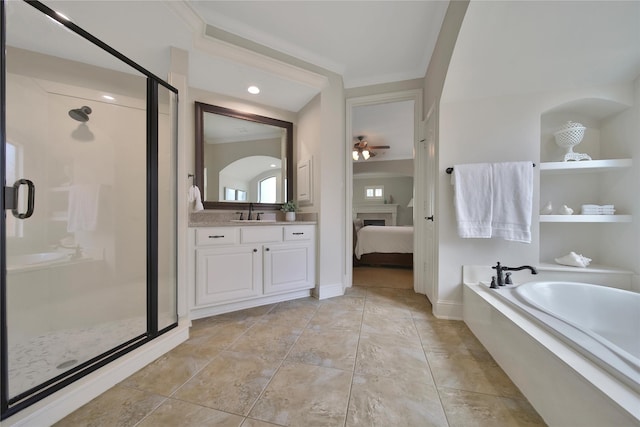 5714 Spring River Ln, Fulshear, TX 77441 - ensuite bathroom featuring a stall shower, vanity, a bath, ceiling fan, and crown molding