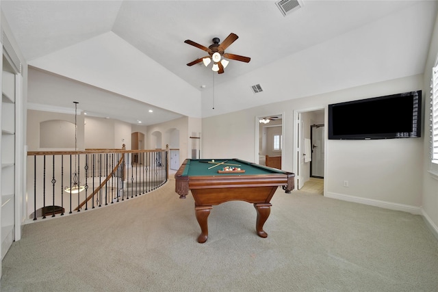 5714 Spring River Ln, Fulshear, TX 77441 - rec room with a ceiling fan, carpet flooring, vaulted ceiling, arched walkways, and billiards
