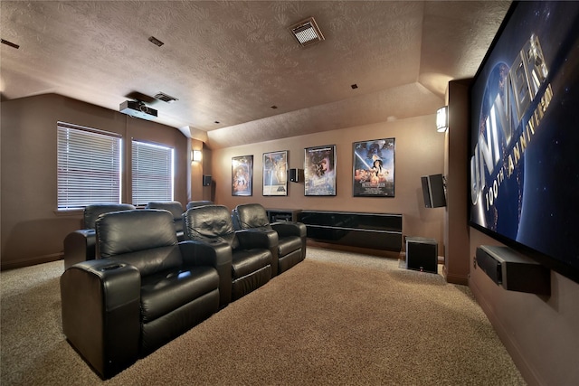 5714 Spring River Ln, Fulshear, TX 77441 - carpeted home theater room with a textured ceiling and vaulted ceiling