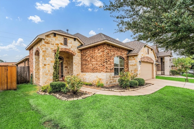 22911 Banff Brook Way, Tomball, TX 77375 - french provincial home featuring stone siding, a shingled roof, an attached garage, concrete driveway, and brick siding