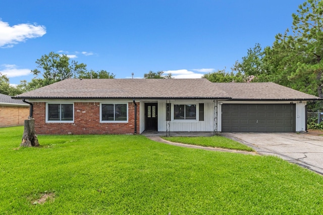 109 Timber Ln, Baytown, TX 77520 - ranch-style home featuring an attached garage, driveway, a front lawn, brick siding, and a shingled roof