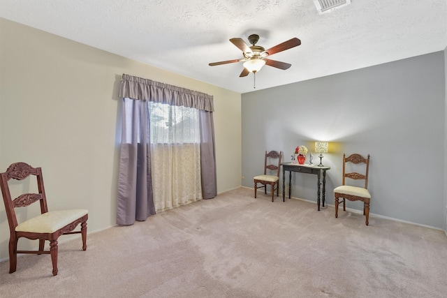 11815 Sharpview Dr, Houston, TX 77072 - sitting room featuring carpet flooring, ceiling fan, and a textured ceiling