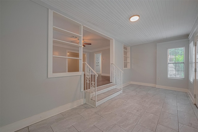 1813 Hatwell St, Houston, TX 77023 - unfurnished room with a ceiling fan, stairway, ornamental molding, and wooden ceiling