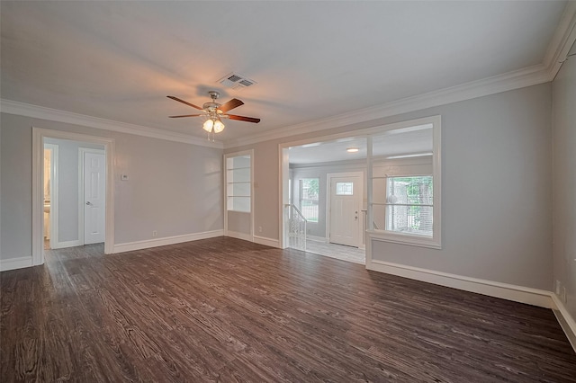 1813 Hatwell St, Houston, TX 77023 - unfurnished living room featuring a ceiling fan, dark wood-style flooring, and ornamental molding