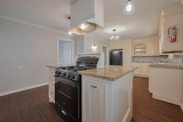 1813 Hatwell St, Houston, TX 77023 - kitchen with black appliances, open shelves, dark wood-type flooring, a center island, and ornamental molding