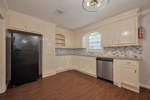 1813 Hatwell St, Houston, TX 77023 - kitchen featuring freestanding refrigerator, stainless steel dishwasher, dark wood-type flooring, open shelves, and decorative backsplash