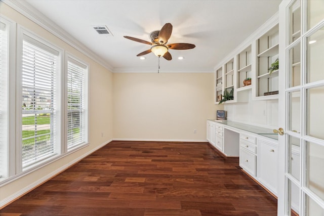 2125 Tipperary Dr, Pearland, TX 77581 - kitchen with built in study area, open shelves, ceiling fan, dark wood-type flooring, and white cabinets