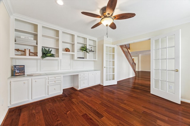 2125 Tipperary Dr, Pearland, TX 77581 - unfurnished office featuring built in study area, ceiling fan, and dark wood-style flooring