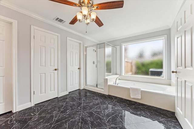 2125 Tipperary Dr, Pearland, TX 77581 - full bathroom featuring a bath, a shower stall, marble finish flooring, ceiling fan, and crown molding