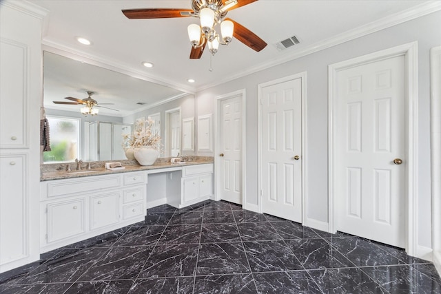 2125 Tipperary Dr, Pearland, TX 77581 - full bathroom featuring marble tiled flooring, double vanity, ceiling fan, ornamental molding, and recessed lighting