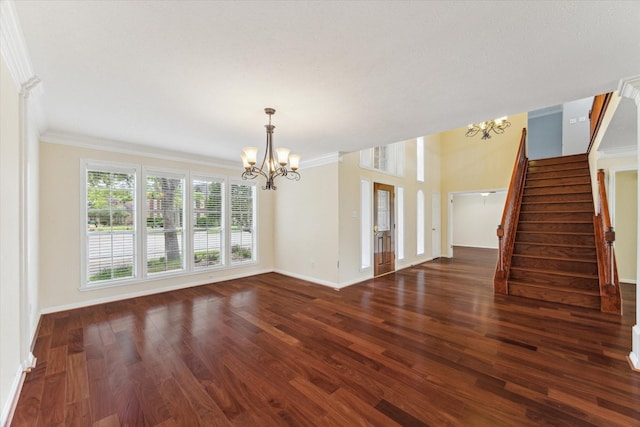2125 Tipperary Dr, Pearland, TX 77581 - unfurnished living room with a chandelier, stairway, wood finished floors, and crown molding