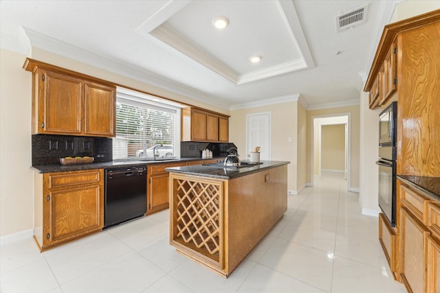2125 Tipperary Dr, Pearland, TX 77581 - kitchen with black appliances, decorative backsplash, brown cabinets, ornamental molding, and recessed lighting