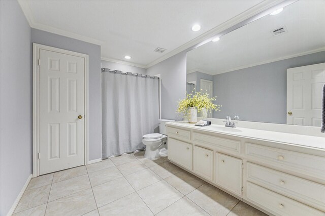 2125 Tipperary Dr, Pearland, TX 77581 - bathroom with crown molding, vanity, recessed lighting, tile patterned flooring, and curtained shower