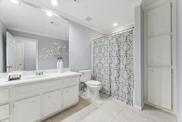 2125 Tipperary Dr, Pearland, TX 77581 - full bath featuring ornamental molding, vanity, tile patterned floors, and recessed lighting