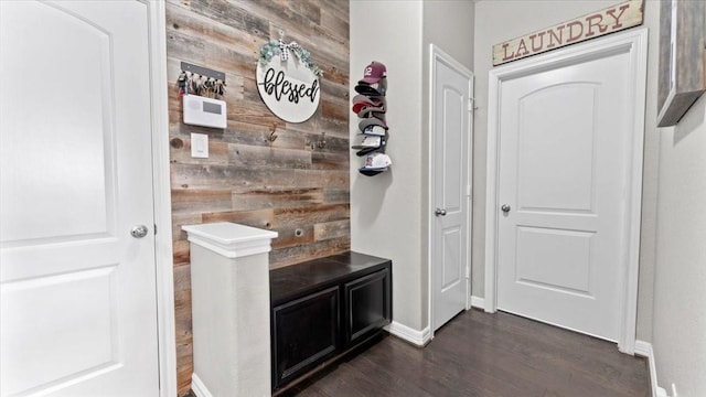 14926 Kenton Place Ln, Cypress, TX 77429 - hall featuring dark wood-style flooring and wooden walls