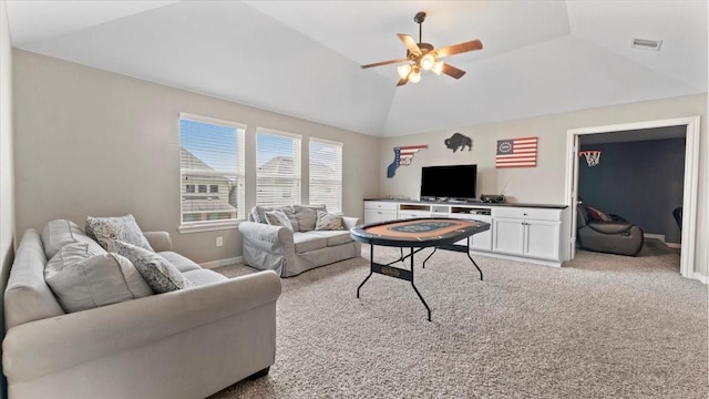 14926 Kenton Place Ln, Cypress, TX 77429 - carpeted living room featuring a ceiling fan and vaulted ceiling