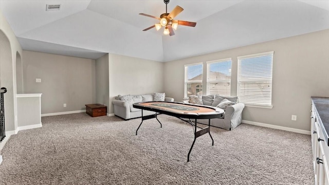 14926 Kenton Place Ln, Cypress, TX 77429 - living area with carpet flooring, ceiling fan, and lofted ceiling