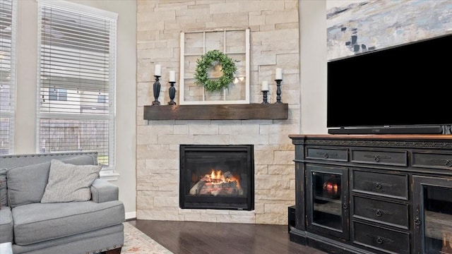 14926 Kenton Place Ln, Cypress, TX 77429 - living room featuring wood finished floors and a stone fireplace