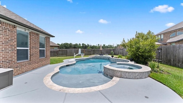 14926 Kenton Place Ln, Cypress, TX 77429 - view of swimming pool featuring a fenced backyard, a patio area, and a pool with connected hot tub