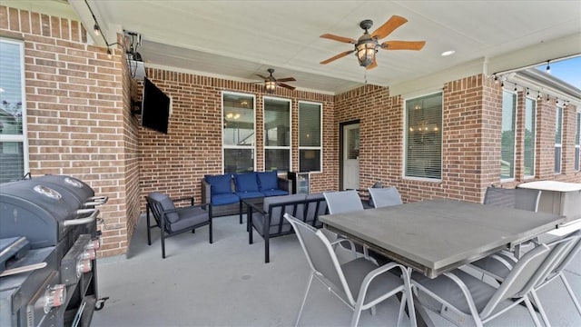 14926 Kenton Place Ln, Cypress, TX 77429 - view of patio with an outdoor living space, a ceiling fan, grilling area, and outdoor dining space