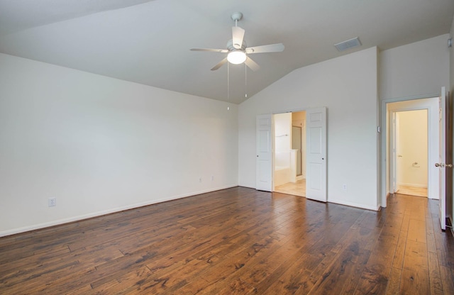 11610 Cross Spring Dr, Pearland, TX 77584 - unfurnished bedroom featuring vaulted ceiling, dark wood-style floors, ensuite bathroom, and ceiling fan