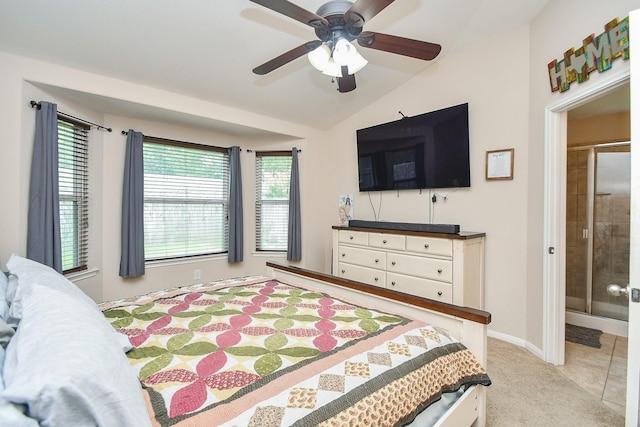 24631 Lakecrest Town Dr, Katy, TX 77493 - bedroom featuring lofted ceiling, light carpet, a ceiling fan, and ensuite bath