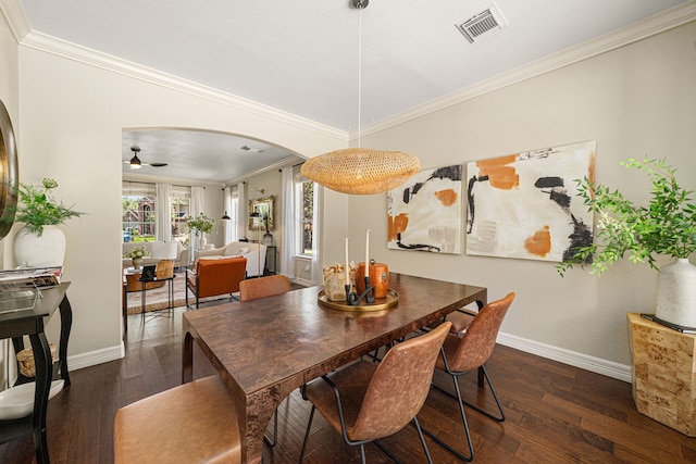 5406 Winlock Trace Ct, Katy, TX 77450 - dining room with hardwood / wood-style flooring, ornamental molding, arched walkways, and a ceiling fan