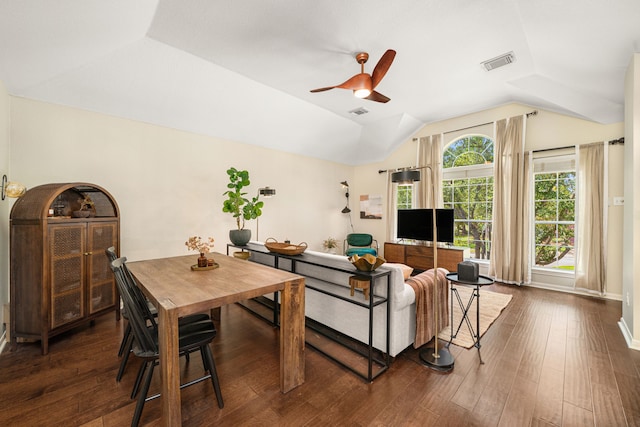 5406 Winlock Trace Ct, Katy, TX 77450 - living area featuring lofted ceiling, a ceiling fan, and dark wood finished floors