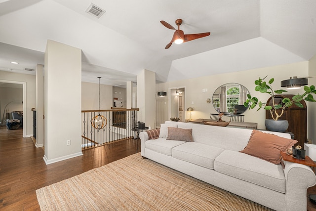 5406 Winlock Trace Ct, Katy, TX 77450 - living room featuring ceiling fan, wood finished floors, and lofted ceiling