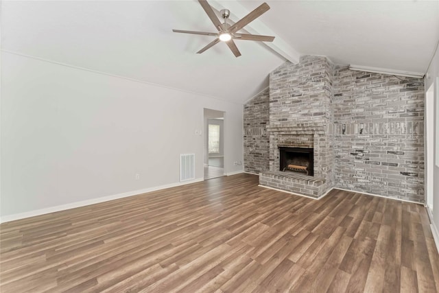 25515 Pepper Ridge Ln, Spring, TX 77373 - unfurnished living room featuring ceiling fan, a fireplace, and wood finished floors
