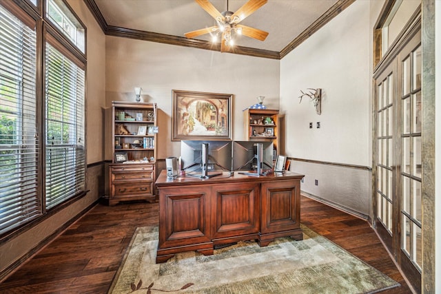 2334 River Rock Trl, Kingwood, TX 77345 - home office featuring ornamental molding, dark wood-type flooring, and a ceiling fan