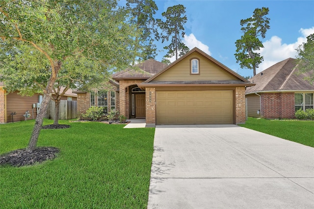 1959 Briar Grove Dr, Conroe, TX 77301 - ranch-style home with brick siding, driveway, a garage, and a front yard