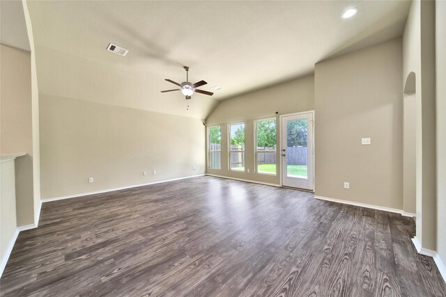 1959 Briar Grove Dr, Conroe, TX 77301 - unfurnished living room with ceiling fan, vaulted ceiling, dark wood-style flooring, and recessed lighting