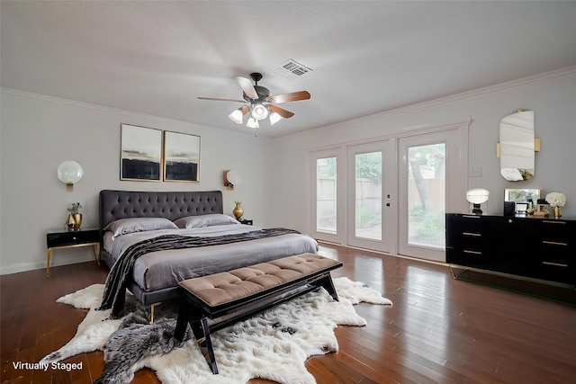 9411 Fenchurch Dr, Spring, TX 77379 - bedroom featuring access to outside, ornamental molding, hardwood / wood-style flooring, and a ceiling fan